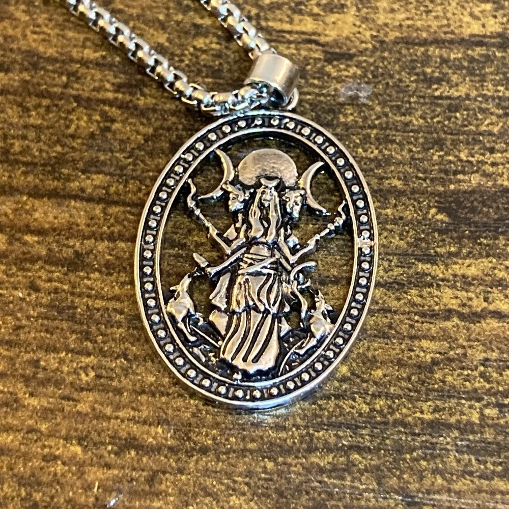 KISSFOO Triple Moon Goddess Necklace Silver Tone Pagan Wicca Hecate 24" 4mm